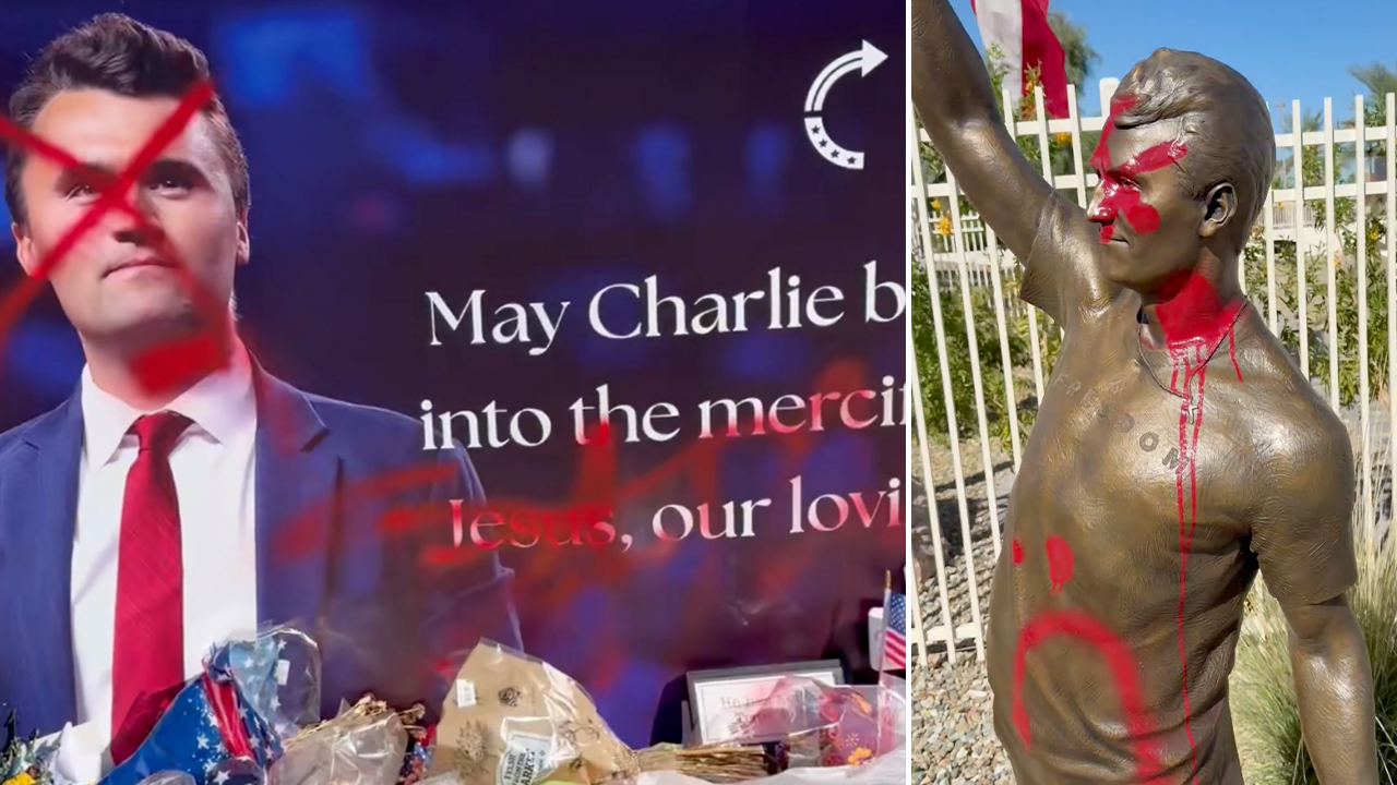 Estatua de Charlie Kirk es vandalizada con pintura roja y tachas a Jesús, días después del primer aniversario de su asesinato