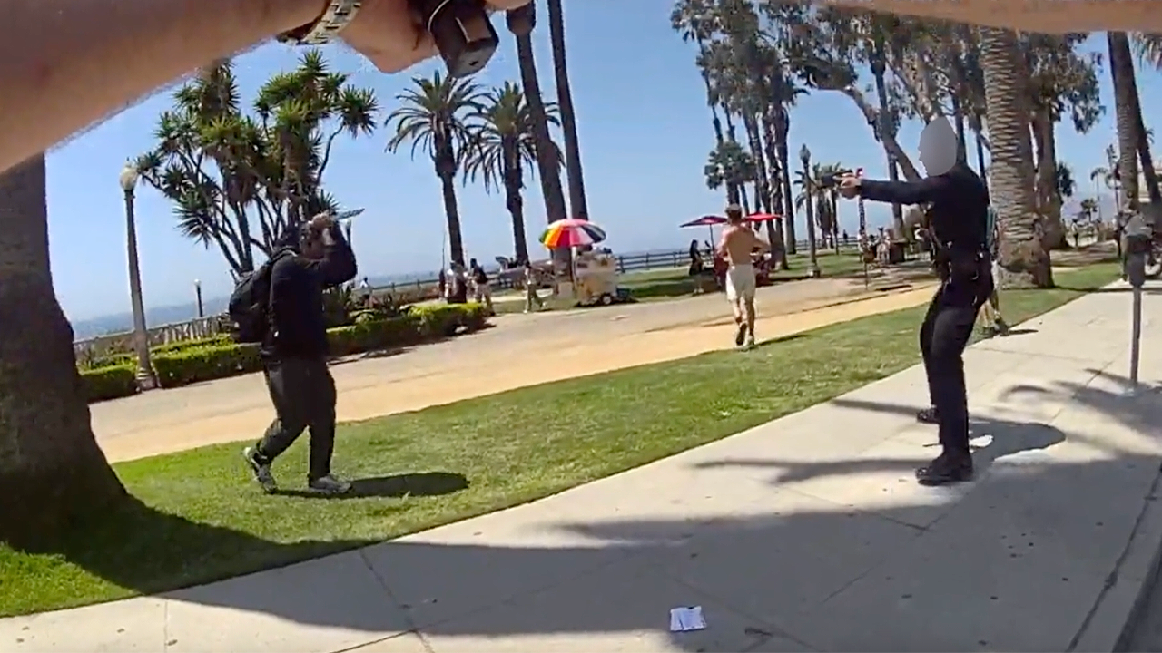 Hombre armado con un cuchillo corre hacia un oficial en un parque costero abarrotado antes de un disparo mortal: video
