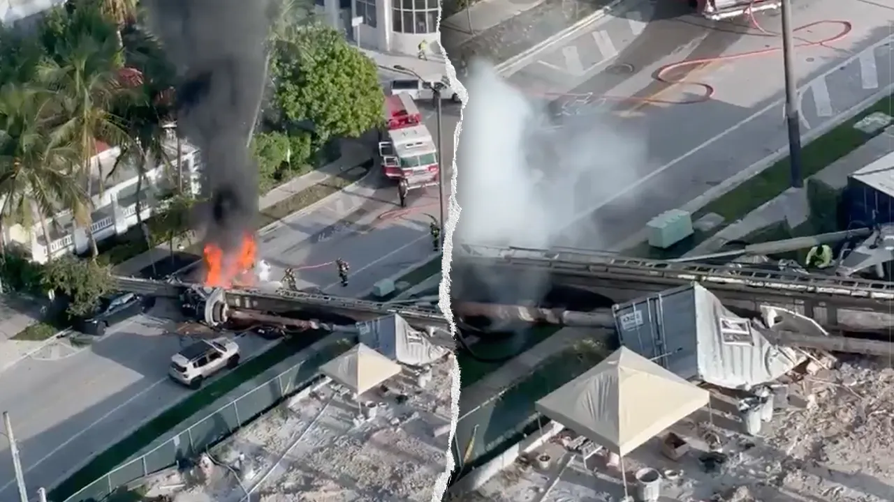 Una grúa de construcción colapsa sobre tres autos en Miami y atrapa a trabajadores mientras se desata un incendio